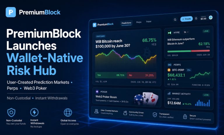 PremiumBlock Launches Non-Custodial Risk Hub for User-Created Prediction Markets, Perps and Web3 Poker