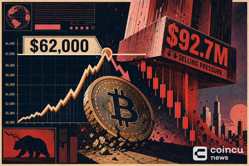 Bitcoin Rebound Erased by $92.7M Selling Pressure as $62,000 Becomes Key Resistance