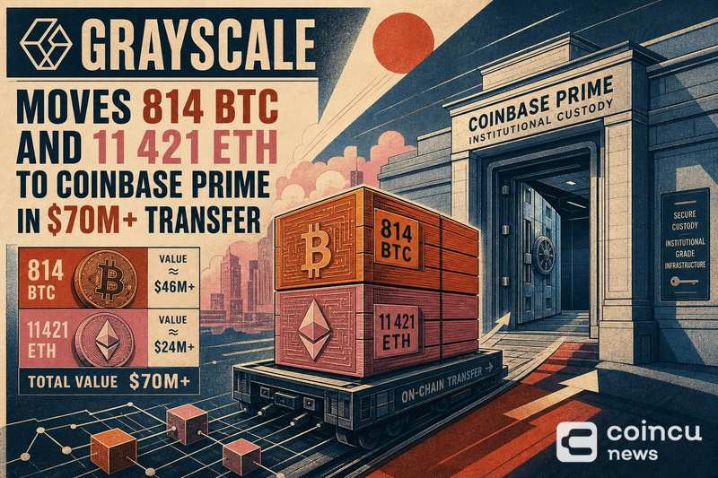 Grayscale Moves 814 BTC and 11,421 ETH to Coinbase Prime in $70M+ Transfer