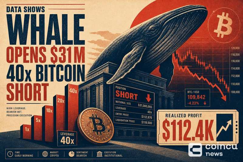Data Shows Whale Opens $31M 40x Bitcoin Short With $112.4K Profit