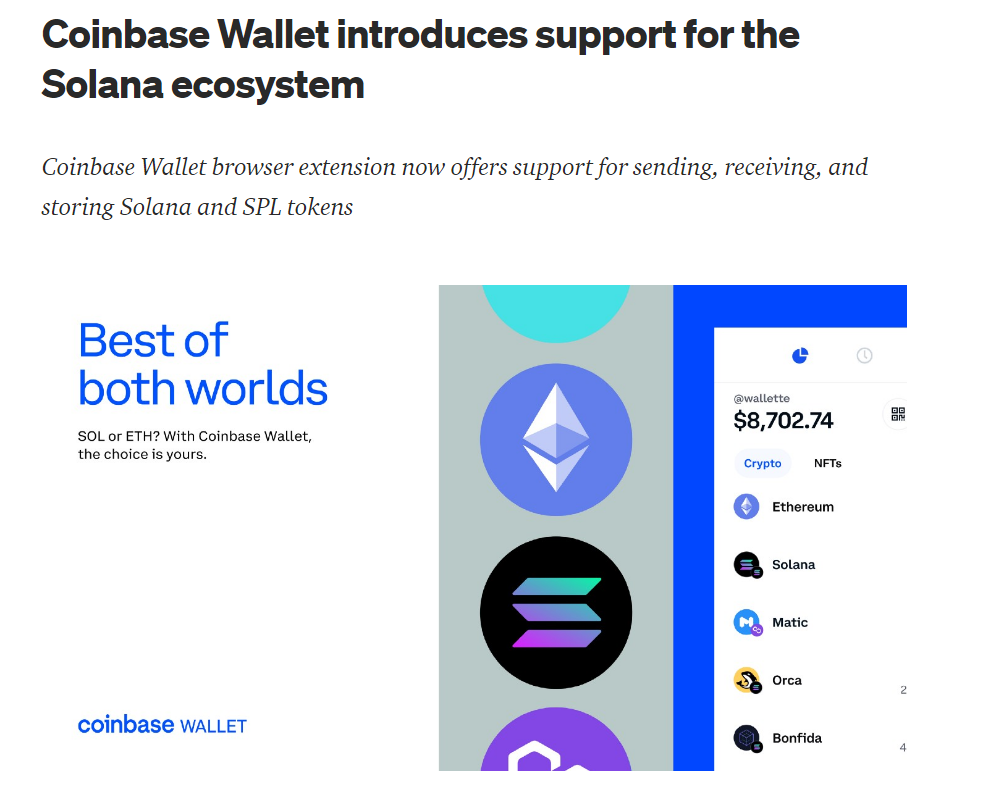 Coinbase Wallet now accepts Solana Tokens and NFTs.