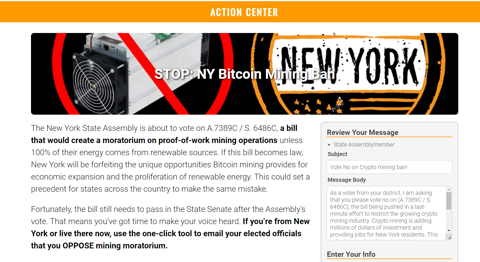 The New York Assembly is considering a ban on Bitcoin mining due to environmental concerns.