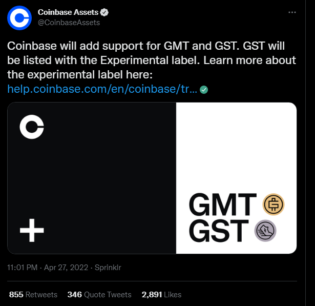 Coinbase Officially Listed STEPN (GST) With the Experimental Label