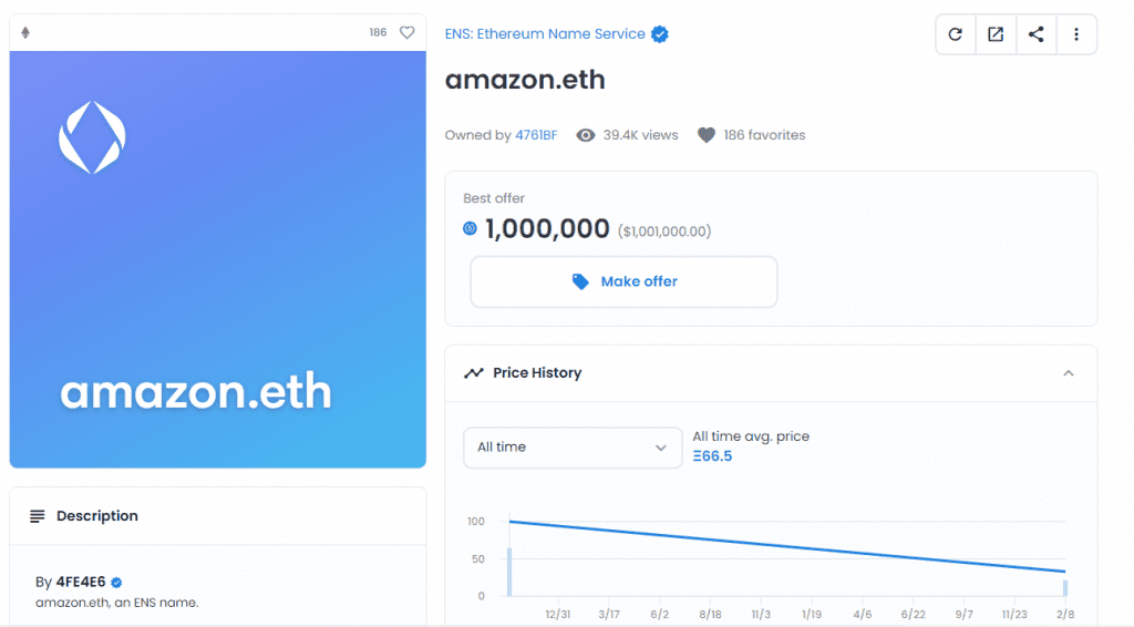 Amazon.eth Domain Owner Ignores 1 Million USDC Purchase Offer On Opensea