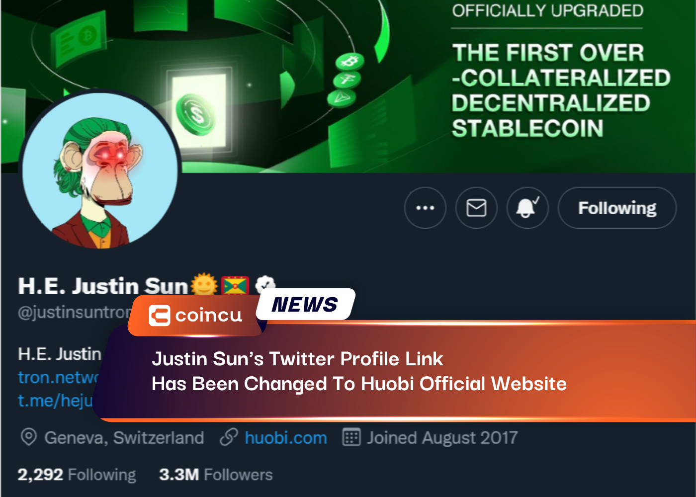Justin Sun's Twitter Profile Link Has Been Changed To Huobi Official Website