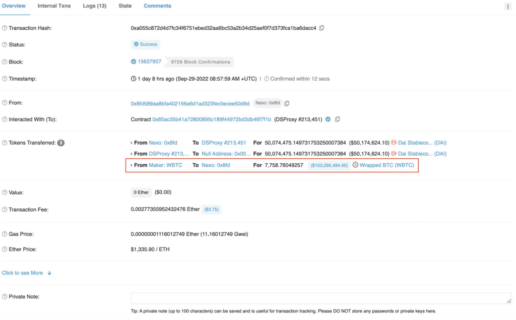 Nexo-labeled Wallet Detected Withdrawing Over 7,700 wBTC from MakerDAO 3 Nexo-labeled Wallet Detected Withdrawing Over 7,700 wBTC from MakerDAO