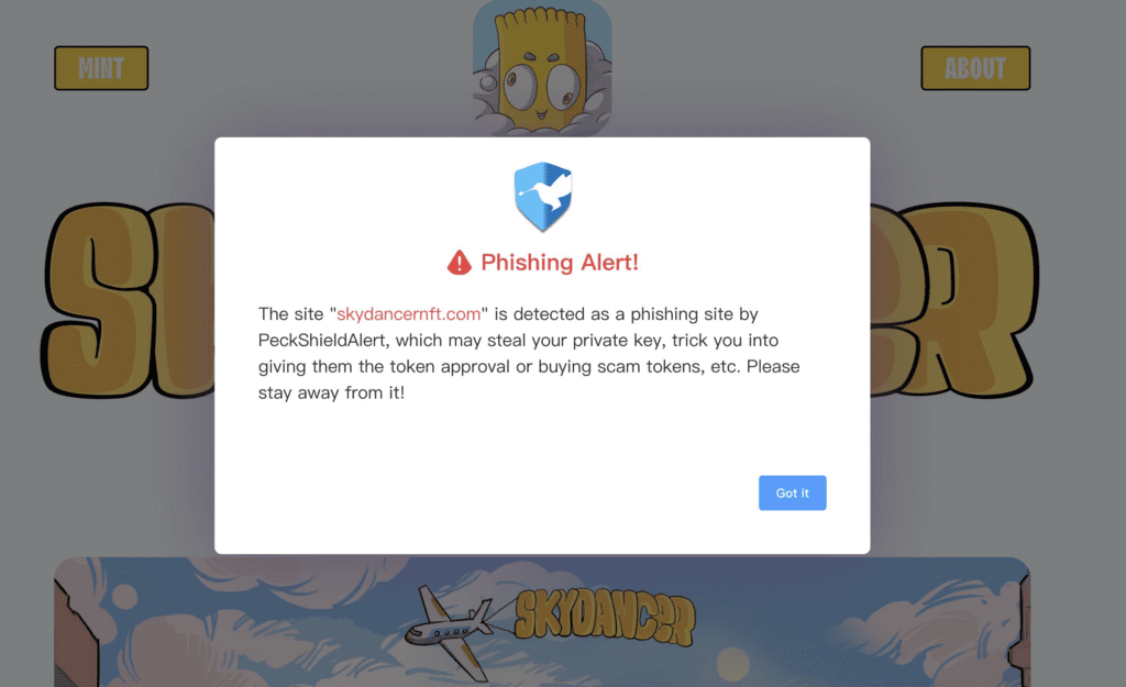 PeckShieldAlert Warns 'skydancernft.com' Is A Phishing Site