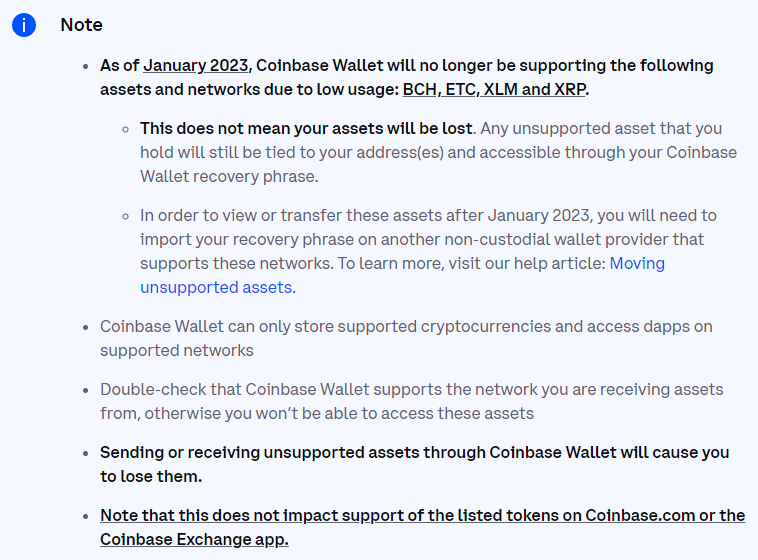 Coinbase Wallet Will No Longer Support XRP As Of January 2023 2 Supported assets and networks, Source: Coinbase