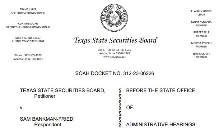Texas Orders Sam Bankman-Fried To Appear In Court On February 2023 2 Texas State Securities Board Oder to Sam Bankman-Fried, Source: ssb.texas.gov