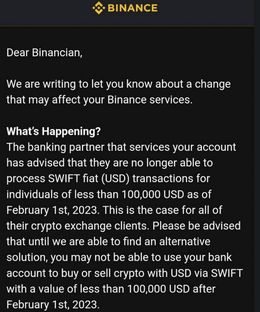 Binance Announces Signature Sets To Disrupt SWIFT Transfers Below $100,000 2 Binance Announces Signature Sets To Disrupt SWIFT Transfers Below $100,000