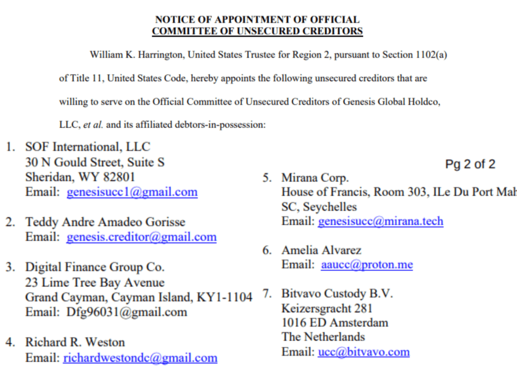 Genesis Global Bankruptcy Court Announcing 7 Members Committee To Represent Creditors