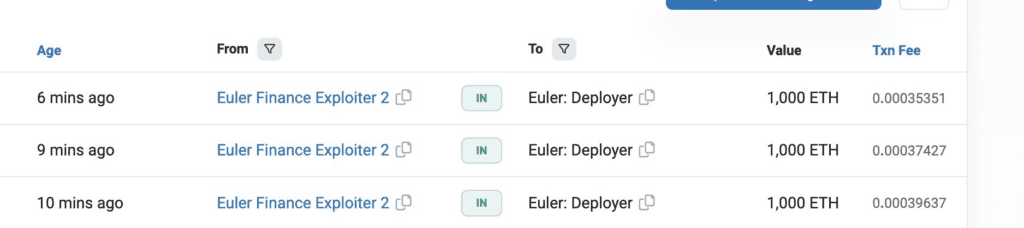 Euler Hackers Payback And 3,000 ETH Returned