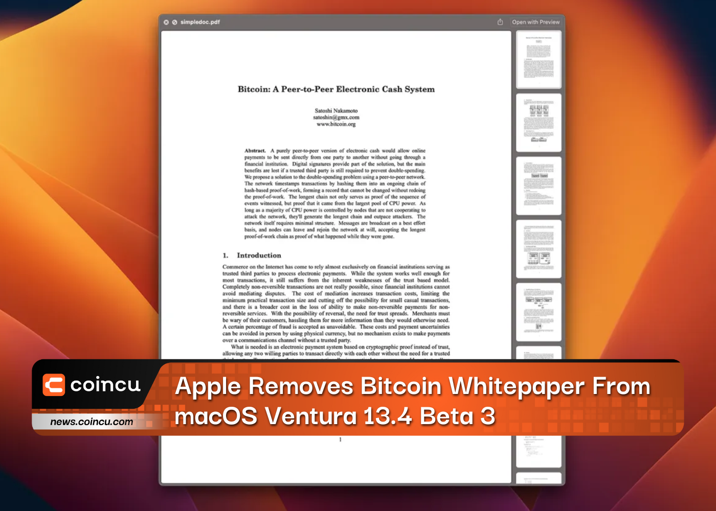 Apple Removes Bitcoin Whitepaper From macOS Ventura 13.4 Beta 3