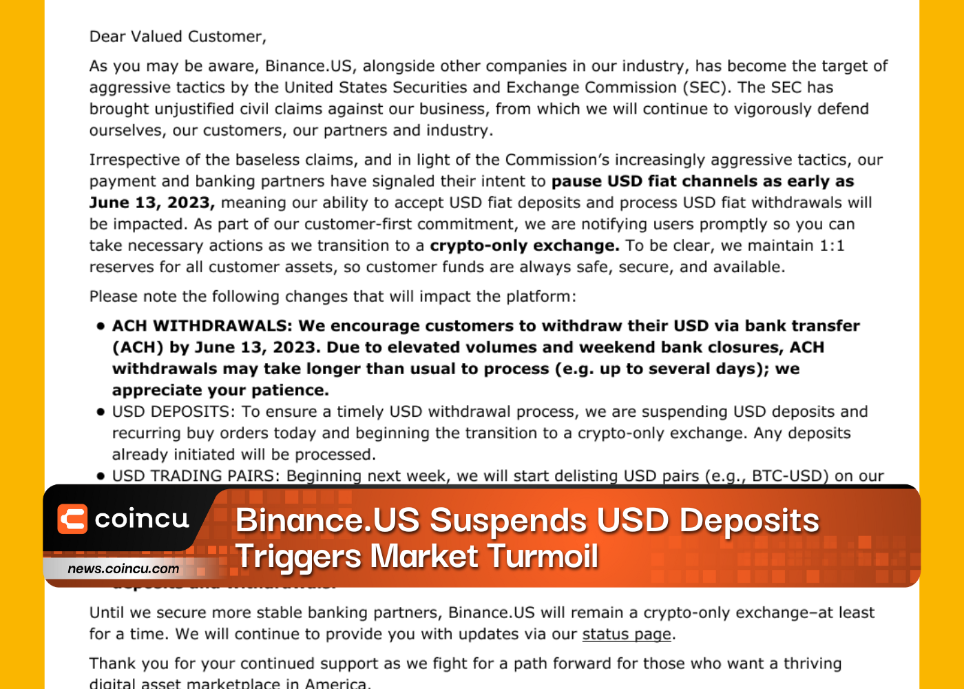 Binance.US Suspends USD Deposits