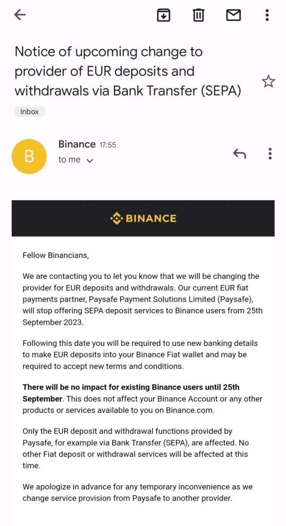 Binance Changed EUR Banking Partner Due To Paysafe Stop Serving From Sep 25