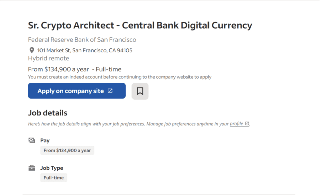 San Francisco Fed Pays $134,900 Hiring Crypto Architects CBDC Project