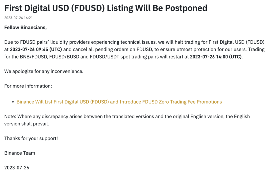 Binance Postpones FDUSD Stablecoin Listing Amid Concerns