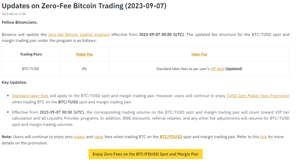 Binance's Feeless BTC Trading Update Arrives September 7th