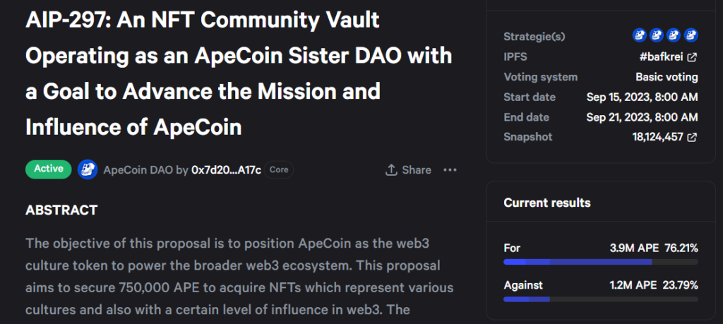 ApeCoin's Sister DAO & NFT Treasury Proposal Surpasses 70% Support