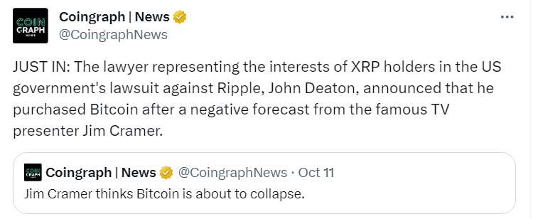 John Deaton Purchased BTC after Jim Cramer's negative prediction