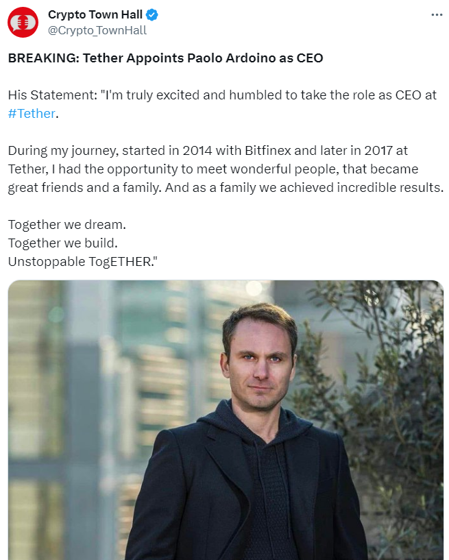 The new CEO of Tether is formerly the company's CTO - Paolo Ardoino