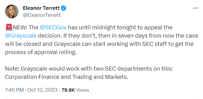 According Terrett ,the Securities and Exchange Commission (SEC) is facing a critical midnight Friday deadline to appeal Grayscale Ruling