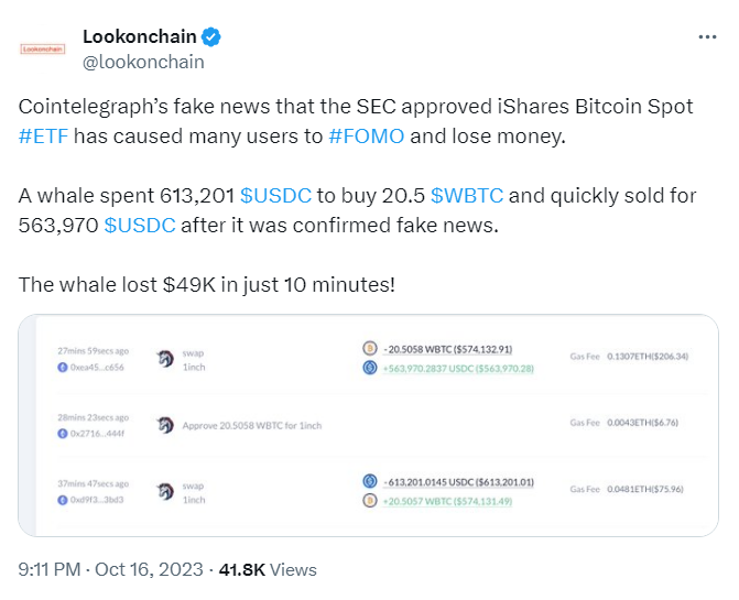 Believe on Fake Bitcoin Spot ETF News, Whale Loses $49,000 in 10 Minutes