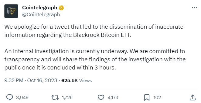 Cointelegraph Apologizes for Falsely Announcing BlackRock Spot Bitcoin ETF Approval