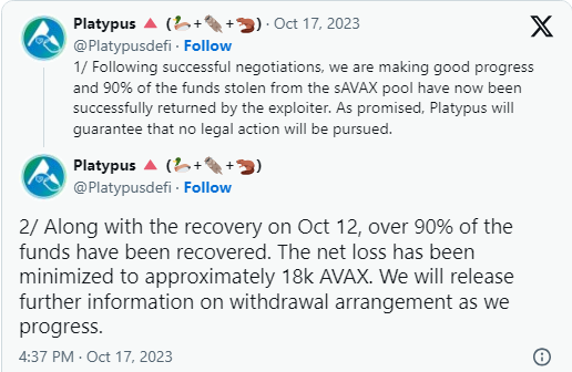Platypus Finance Hack recovers 90% of assets lost