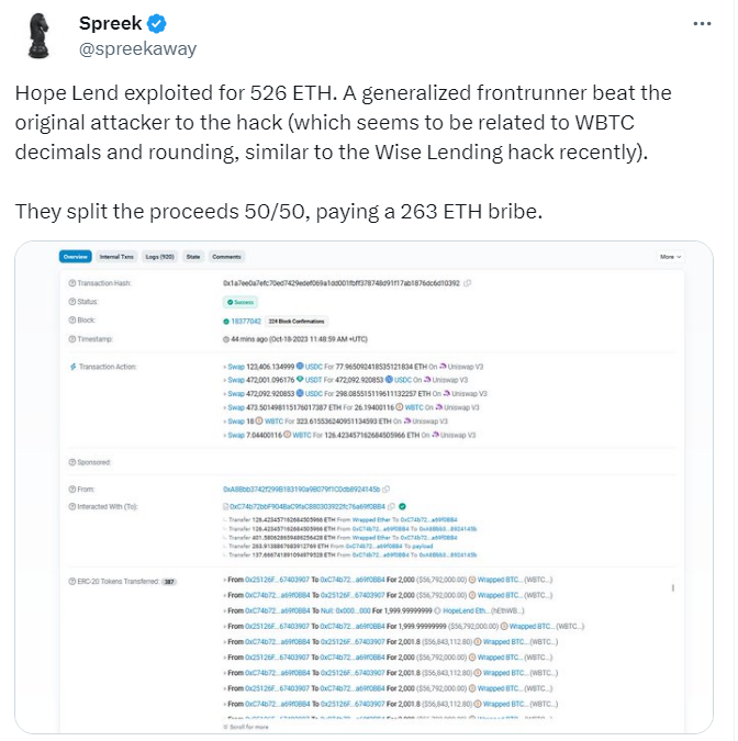 According to crypto analyst Spreek, Hope Lend was breached, resulting in a 526 ETH loss