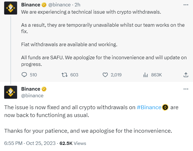 Binance Resumes Crypto Withdrawals After Technical Issue