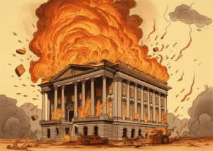 coincu Depict a treasury building engulfed in flames with an ov c3e0306a bfea 47ac a650 56e86b07d5d7