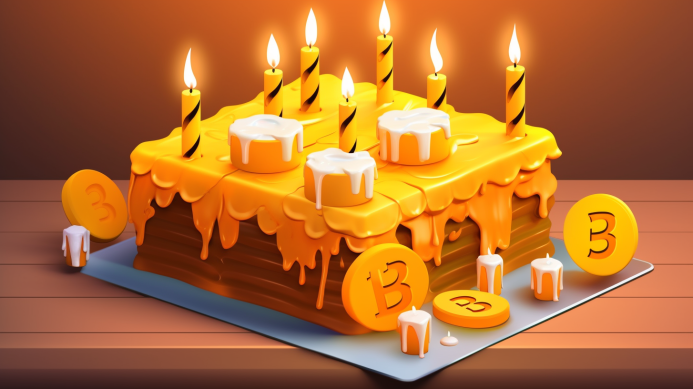 coincu Illustrate a birthday cake adorned with Bitcoin symbols 25fea459 87fc 41c8 a35e 217332d8f592
