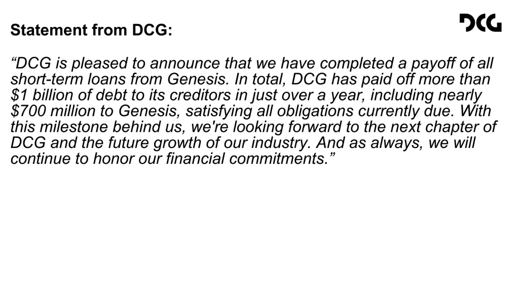DCG Short-term Loans With Genesis Over $1 Billion Now Paid