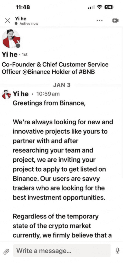 Binance co-founder, He Yi, took to Twitter to address a growing concern within the cryptocurrency community - binance linkedIn alert. 