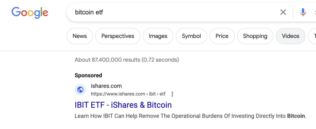 BlackRock Bitcoin ETF Ads Are Now Popping Up On Google Search