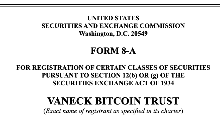 VanEck Filed Registration of Securities For Their Spot Bitcoin ETF With SEC