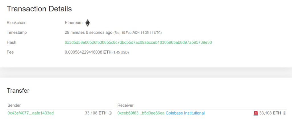 Unknown Wallet Sends 33,108 ETH to Coinbase Institutional!