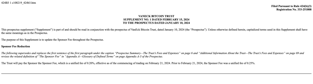 VanEck、0.2％の価格上昇を受けてスポットETF手数料を160％に引き下げ