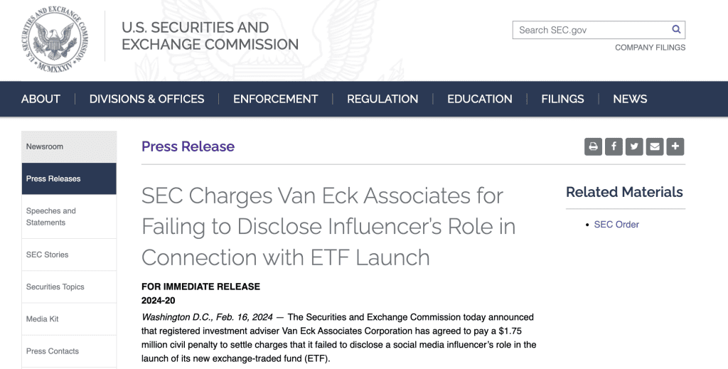 SEC Charges VanEck For Influencer's Hidden Role In ETF
