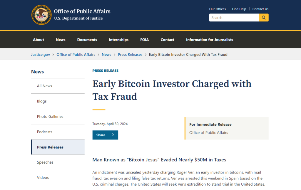 Roger Ver Arrested In Spain, Charged With $48M Tax Fraud