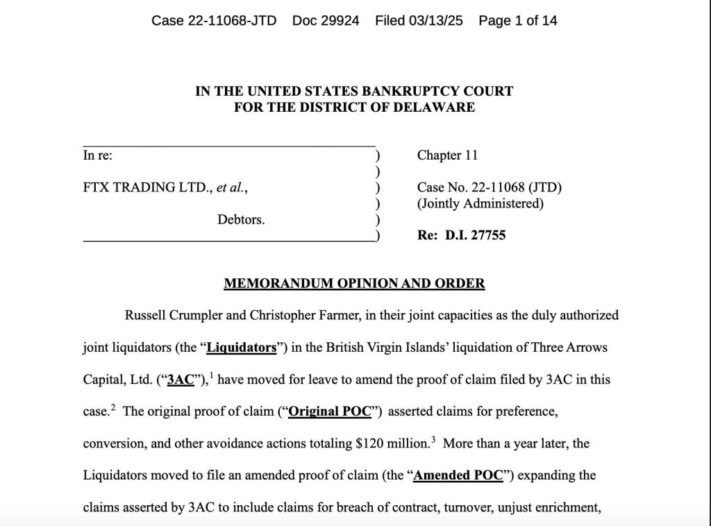 The U.S. Bankruptcy Court for the District of Delaware has ruled in favor of Three Arrows Capital (3AC), allowing the collapsed hedge fund to expand its claim against FTX from $120 million to $1.5 billion