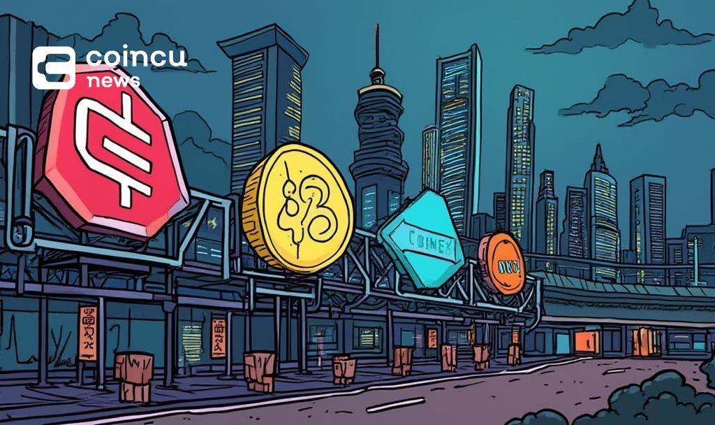 crypto logos under cityscape