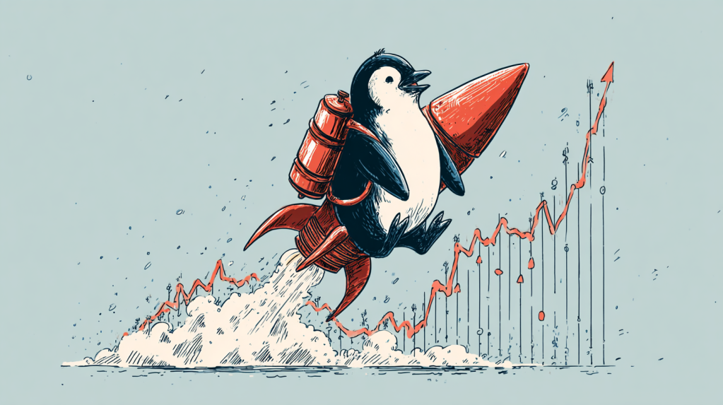coincu A cartoon penguin with a rocket pack riding a wave of up f4e67787 69eb 47f2 8250 eb6c1d862639 1
