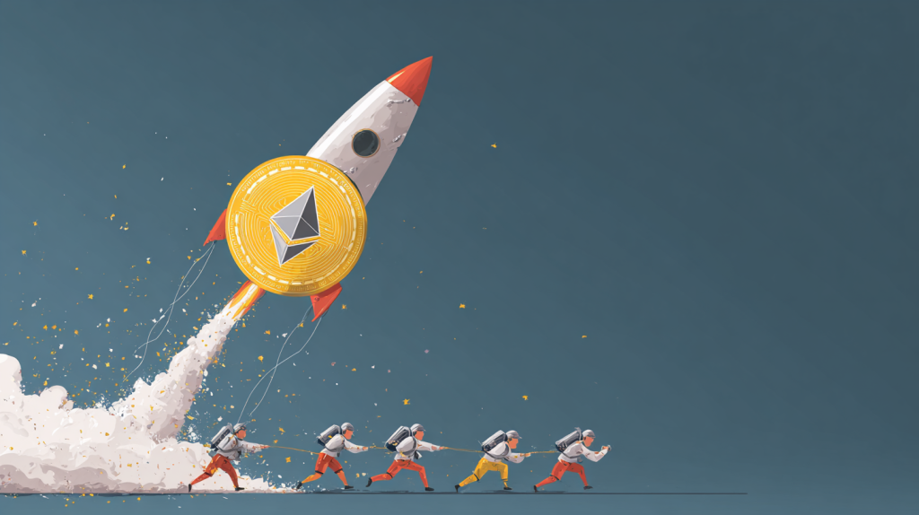 coincu A giant Ethereum coin balancing on a rocket tip while tr f4673f1e 55a0 469a 9773 0288a69bacb6