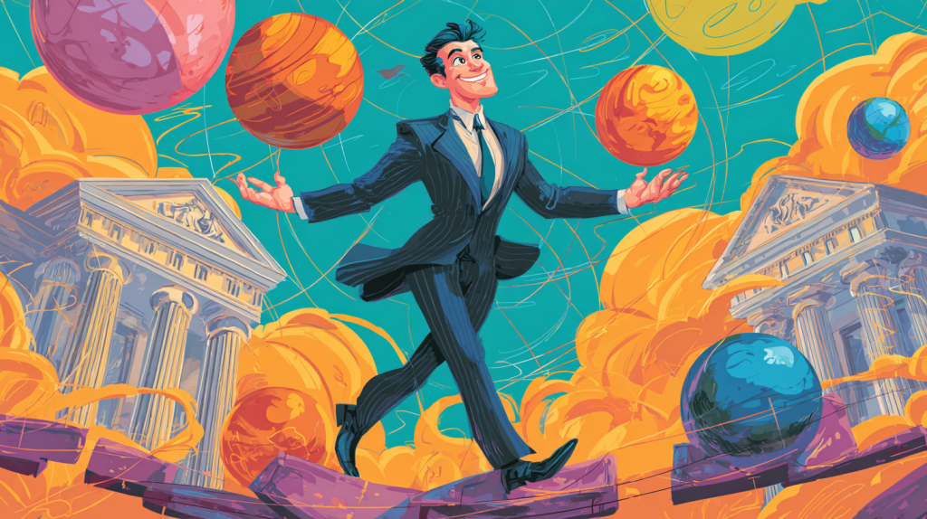 coincu A smug businessman in a suit juggling planets while stan c8a5f87b d425 419e 9a97 04c4058acde7