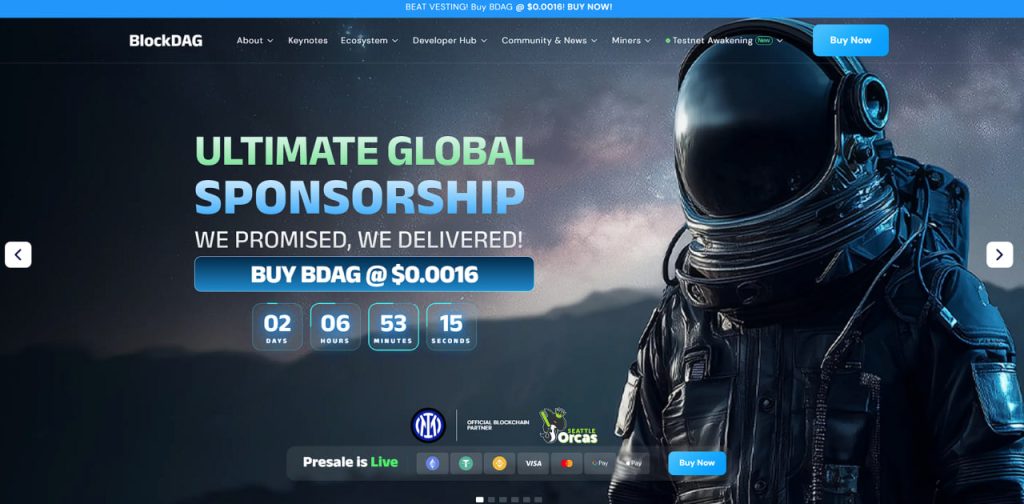 Astronaut promoting cryptocurrency sponsorship opportunity for Blockdag