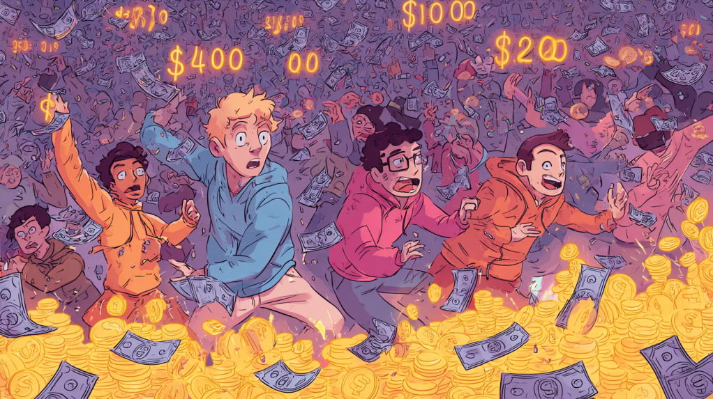 coincu A cartoon of a crowded Solana DEX with characters droppi 1aaa9006 16c9 446b baf3 2ca1033de45b 1