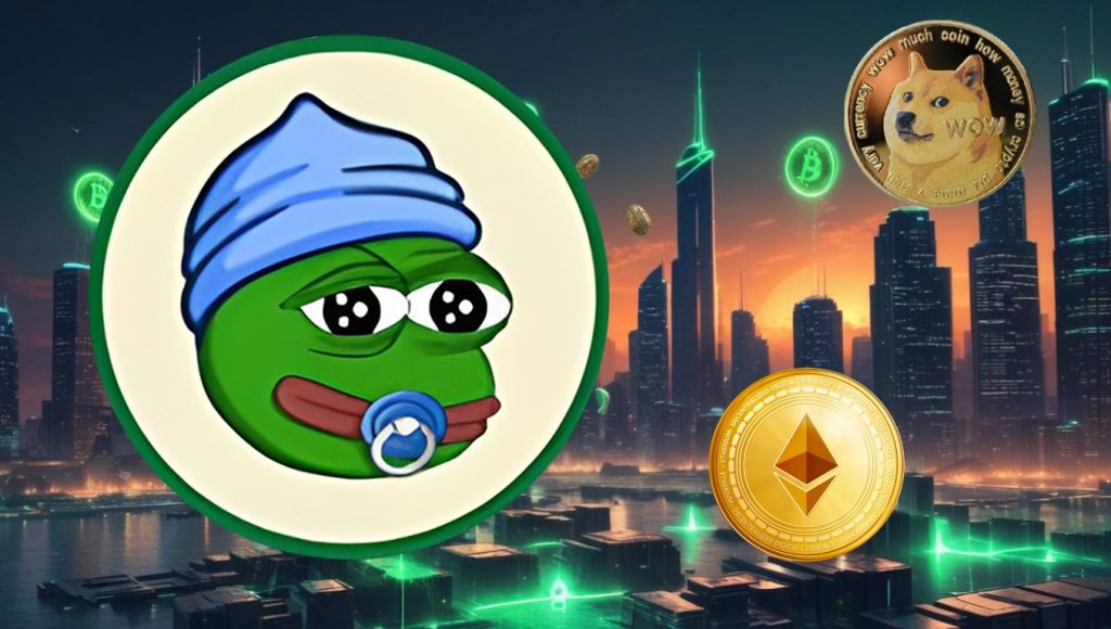 Pepe the Frog with cryptocurrency symbols