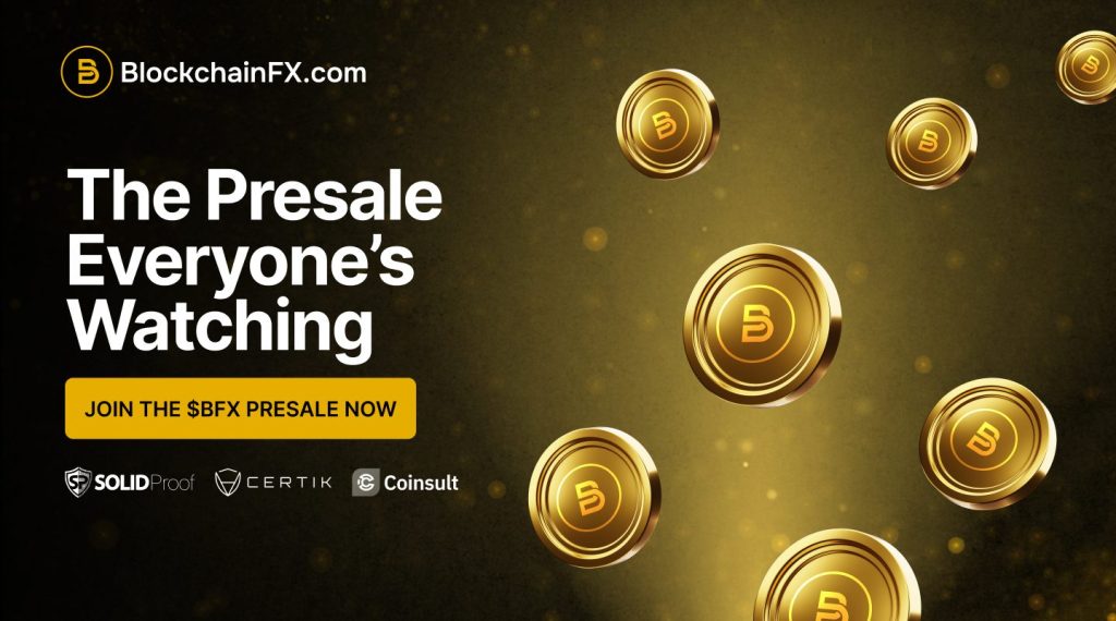 Gold coins promoting blockchain presale event